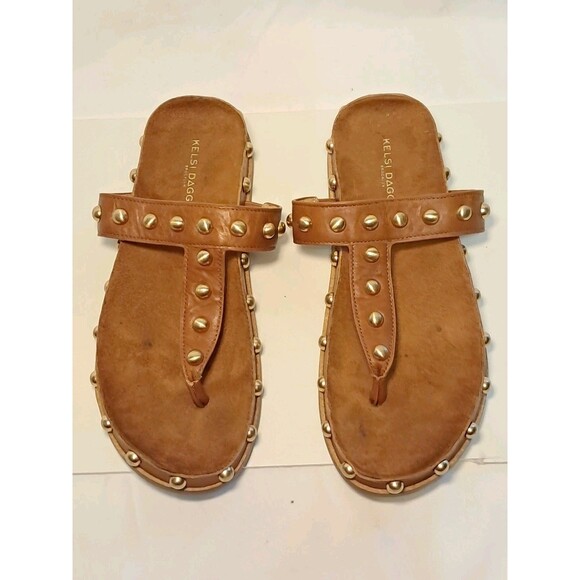 KELSI DAGGER Brooklyn Surface Studded Flat Sandal Leather Brown Gold Size 7.5 - Picture 2 of 8